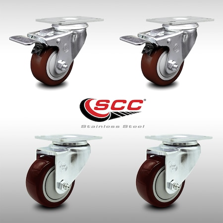 Service Caster 3 Inch SS Maroon Polyurethane Top Plate Caster Total Lock Brakes SCC, 2PK SCC-SSTTL20S314-PPUB-MRN-2-S-2